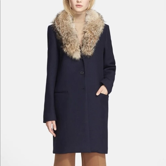 Theory Jackets & Blazers - Theory Belize Wool Coat in Navy with Removable Coyote Fur Collar
